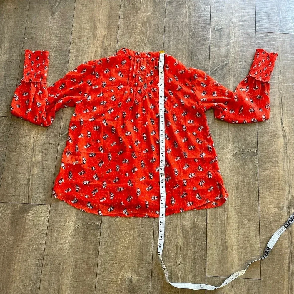 Free People Floral Blouse Womens S Red Cottagecore Pintuck Swiss Dot Sheer Top